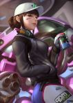 alternate_hairstyle ass blue_bodysuit bodysuit breasts brown_eyes brown_hair can clothes_writing commentary d.va_(overwatch) dirty_face ejikure english_commentary gloves hair_bun hand_in_pocket hat headphones headphones_around_neck highres jacket mecha medium_breasts overwatch parted_lips shooting_star_d.va signature soda_can solo 