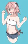  ;d absurdres astolfo_(fate) bare_shoulders belt blue_background bow braid casual cosplay cowboy_shot cropped_legs fang fate/apocrypha fate_(series) hair_bow highres long_hair looking_at_viewer midriff mordred_(fate) mordred_(fate)_(all) mordred_(fate)_(cosplay) navel one_eye_closed open_mouth otoko_no_ko pink_hair purple_eyes rudorofu short_shorts shorts simple_background smile stomach strapless tubetop very_long_hair 
