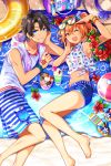  1girl ;d armpits barefoot beach beach_towel black_hair blue_eyes blue_ribbon blue_shorts bracelet chin_rest collarbone command_spell eyebrows_visible_through_hair eyewear_on_head fate/grand_order fate_(series) flower flower_wreath food fujimaru_ritsuka_(female) fujimaru_ritsuka_(male) grin hair_between_eyes hair_ornament hair_scrunchie hat hat_ribbon hibiscus ice_cream innertube jewelry lying male_swimwear midriff navel on_side one_eye_closed one_side_up open_clothes open_mouth open_shorts orange_eyes orange_hair polka_dot polka_dot_scrunchie ribbon ririkuto scrunchie shirt short_shorts shorts sleeves_rolled_up slippers smartwatch smile sun_hat sunglasses swim_trunks swimwear tied_shirt towel 