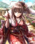  1girl :q ahoge bangs blue_sky blurry blurry_background blush body_writing breasts brown_hair calligraphy_brush cleavage closed_mouth cloud collarbone day eyebrows_visible_through_hair facepaint fur_collar green_eyes hagoita hair_between_eyes hair_ornament hanetsuki holding holding_brush holding_paddle hortensia_saga ink japanese_clothes kimono large_breasts licking_lips long_hair long_sleeves looking_at_viewer mari_(horensia_saga) new_year obi official_art outdoors paddle paintbrush ponytail red_kimono sash sidelocks sky smile solo suien tongue tongue_out watermark wide_sleeves 
