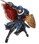  armor armored_boots belt blue_eyes blue_hair boots cape falchion_(fire_emblem) fingerless_gloves fire_emblem fire_emblem:_monshou_no_nazo fire_emblem_heroes full_body fur_trim gloves highres holding holding_shield holding_sword holding_weapon izuka_daisuke jewelry marth non-web_source official_art parted_lips sheath shield shiny shiny_hair shoulder_armor shoulder_pads solo sword tiara transparent_background weapon 