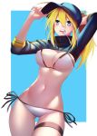  adjusting_clothes adjusting_hat angry artoria_pendragon_(all) ass_visible_through_thighs baseball_cap bikini blonde_hair blue_eyes blue_hat blue_jacket breasts covered_nipples cropped_jacket dutch_angle fate/grand_order fate_(series) frown hair_between_eyes hair_through_headwear hat highres jacket large_breasts long_hair long_sleeves mouth_hold mysterious_heroine_xx_(foreigner) navel ponytail rahato shrug_(clothing) side-tie_bikini sidelocks slender_waist solo spoon swimsuit thigh_strap white_bikini zipper 