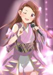  :d arm_strap asymmetrical_sleeves brown_eyes brown_hair cowboy_shot floating_hair floral_print hairband head_tilt holding holding_microphone idol idolmaster idolmaster_(classic) index_finger_raised japanese_clothes kimono lieass long_hair looking_at_viewer microphone minase_iori open_mouth pink_ribbon print_kimono purple_hairband purple_kimono ribbon short_shorts shorts smile solo stage standing very_long_hair white_shorts 