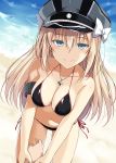  bare_shoulders beach bikini bismarck_(kantai_collection) black_bikini blonde_hair blue_eyes blush bow breasts collarbone commentary day eyebrows_visible_through_hair from_above halterneck hat hat_bow highres holding_hand iron_cross jewelry kantai_collection long_hair looking_at_viewer looking_up navel necklace oota_yuuichi out_of_frame peaked_cap pov pov_hands ribbon side-tie_bikini smile smiley_face solo_focus string_bikini sweatdrop swimsuit water white_bow wrist_grab 