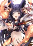  ;d animal_ears bare_shoulders bell black_gloves black_hair blush breasts dual_wielding erune fire gloves granblue_fantasy hair_bell hair_ornament holding jingle_bell long_hair looking_at_viewer medium_breasts one_eye_closed open_mouth red_eyes smile solo sword umou_(user_xxhp7583) weapon white_background yuel_(granblue_fantasy) 