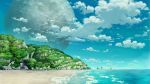  blue_sky cloud cloudy_sky commentary_request day full_moon highres horizon mitsu_ura moon no_humans ocean original outdoors sand scenery science_fiction sky waves 