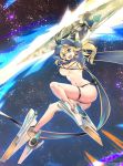  ahoge arms_up artoria_pendragon_(all) ass bangs baseball_cap bikini blonde_hair blue_eyes blue_hat blue_scarf blush boots breasts cleavage commentary fate/grand_order fate_(series) hair_between_eyes hat high_heel_boots high_heels hips lance large_breasts legs long_hair metal_boots mysterious_heroine_xx_(foreigner) navel open_mouth polearm ponytail scarf shrug_(clothing) side-tie_bikini smile solo space star_(sky) swimsuit teddy_(khanshin) thigh_strap thighs twinmyniad untied_bikini_top wardrobe_malfunction weapon white_bikini 