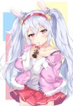  absurdres animal_ears azur_lane bangs bare_shoulders blush bottle breasts bunny_ears camisole coke coke_bottle collarbone commentary cowboy_shot eyebrows_visible_through_hair hair_between_eyes hair_ornament hairband head_tilt highres holding holding_bottle jacket laffey_(azur_lane) lisu long_hair long_sleeves off_shoulder open_clothes open_jacket parted_lips pink_jacket pleated_skirt red_eyes red_hairband red_skirt silver_hair skirt sleeves_past_wrists small_breasts solo strap_slip thighhighs twintails very_long_hair white_camisole white_legwear wide_sleeves 