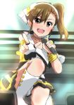  :d arm_strap boots bracelet brown_eyes brown_hair collarbone eyebrows_visible_through_hair fingerless_gloves futami_mami gloves hair_between_eyes hairband holding holding_microphone idol idolmaster idolmaster_(classic) index_finger_raised jewelry knee_boots lieass long_hair looking_at_viewer microphone miniskirt necklace one_knee open_mouth shiny shiny_hair shiny_skin side_ponytail sketch skirt smile solo stage white_footwear white_gloves white_hairband 