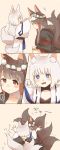  2girls 4koma akagi_(azur_lane) animal_ear_fluff animal_ears artist_name azur_lane black_hair black_kimono blue_eyes blush bodysuit closed_eyes closed_mouth collarbone comic commentary_request eyebrows_visible_through_hair flower_wreath fox_ears fox_tail hair_ornament highres hug ina_(1813576) japanese_clothes kaga_(azur_lane) kimono long_hair long_sleeves looking_up multiple_girls multiple_tails musical_note open_mouth red_eyes short_hair short_kimono silent_comic smile spoken_musical_note squatting tail white_hair white_kimono wide_sleeves younger 