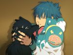  2012 allmate aoba_seragaki black_fur blue_hair brown_eyes canid canine canis clothed clothing collar domestic_dog dramatical_murder duo feral fur hair headphones human long_hair male mammal nitro+chiral official_art open_mouth pushing_away ren size_difference torao_asada 