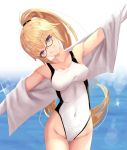  absurdres black-framed_eyewear blonde_hair breasts cleavage commentary_request competition_swimsuit covered_navel fate/grand_order fate_(series) glasses grin hair_ribbon head_tilt highleg highleg_swimsuit highres jacket jeanne_d'arc_(fate)_(all) jeanne_d'arc_(swimsuit_archer) long_hair looking_at_viewer medium_breasts nekobell ocean one-piece_swimsuit open_clothes open_jacket outstretched_arms ponytail purple_eyes ribbon smile solo sparkle spread_arms swimsuit thigh_gap very_long_hair white_swimsuit 