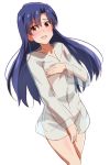  :d blue_hair blush brown_eyes collarbone covering covering_breasts covering_crotch dutch_angle eyebrows_visible_through_hair floating_hair hair_between_eyes idolmaster idolmaster_(classic) kisaragi_chihaya lieass long_hair naked_coat open_mouth see-through shiny shiny_hair shiny_skin simple_background sketch smile solo standing very_long_hair white_background 