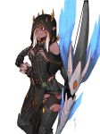  armor arrow bare_shoulders black_sclera blonde_hair boots bow_(weapon) breastplate breasts cleavage commentary ears_through_headwear english_commentary faulds gauntlets highres holding holding_bow_(weapon) holding_weapon hood hood_up large_breasts less looking_at_viewer metal_boots monster_hunter monster_hunter:_world pelvic_curtain pointy_ears quiver signature simple_background smile solo spikes standing thigh_boots thighhighs vaal_hazak_(armor) weapon white_background white_eyes 