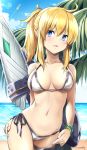  ahoge artoria_pendragon_(all) bangs bare_shoulders beach bikini blonde_hair blue_eyes blue_sky breasts cleavage cloud commentary day eyebrows_visible_through_hair fate/grand_order fate_(series) groin hair_between_eyes horizon lance long_hair medium_breasts mysterious_heroine_xx_(foreigner) navel ocean outdoors palm_tree polearm ponytail sand side-tie_bikini sidelocks sky solo swimsuit tree twinmyniad twitter_username tyone water weapon white_bikini wristband 