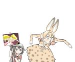  backpack bag black_hair blonde_hair elbow_gloves extra_ears futari_wa_precure futari_wa_precure_max_heart fuyuri_(tibirobo) gloves hat highres kaban_(kemono_friends) kemono_friends kujou_hikari photo-referenced precure quality reference_photo_inset serval_(kemono_friends) shiny_luminous sign white_background 