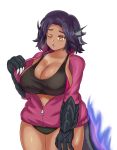  ;o breasts claws cleavage collarbone commentary cowboy_shot dark_skin english_commentary fiery_tail fire head_fins highres jacket large_breasts lizard_tail monster_girl monster_girl_encyclopedia nav navel one_eye_closed open_clothes open_jacket paws purple_fire purple_hair red_eyes salamander_(monster_girl_encyclopedia) short_hair simple_background solo sweat tail tank_top thick_thighs thighs white_background 