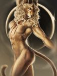  2018 anthro blonde_hair breasts digital_media_(artwork) eclipse eyebrows featureless_breasts feline female fur hair lion mammal navel nude safiru solo standing tan_fur yellow_eyes 