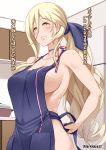  adjusting_clothes alternate_costume alternate_hairstyle apron blonde_hair blue_apron breasts collarbone darkmaya hair_between_eyes kantai_collection large_breasts long_hair mole mole_under_eye mole_under_mouth naked_apron ponytail richelieu_(kantai_collection) sideboob solo standing translated yellow_eyes 