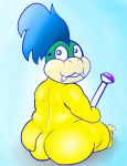  ambiguous_gender anthro big_butt blue_eyes blue_hair butt cub fangs hair invalid_tag koopa koopaling larry_koopa magic mario_bros nintendo overweight scales scalie slightly_chubby thick_thighs unknown_artist video_games wand yellow_scales young 