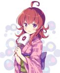  ahoge arashi_(kantai_collection) commentary enemy_lifebuoy_(kantai_collection) fan japanese_clothes kantai_collection kimono medium_hair messy_hair obi odawara_hakone open_mouth pink_kimono print_kimono purple_eyes red_hair sash solo standing two-tone_background upper_body wavy_hair white_background 