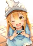  ;d artist_name bangs blue_shirt blush brown_eyes character_name clothes_writing collarbone eyebrows_visible_through_hair flat_cap gloves hair_between_eyes hand_on_another's_head hands_up hat hataraku_saibou headwear_writing light_brown_hair long_hair looking_at_viewer one_eye_closed open_mouth out_of_frame platelet_(hataraku_saibou) pov pov_hands shirt short_sleeves signature smile solo_focus sylphine very_long_hair white_gloves white_hat 