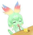  alcohol animal_ears bangs bare_shoulders beer beer_mug blonde_hair bow cerval closed_eyes cup drinking_glass elbow_gloves eyebrows_visible_through_hair facing_viewer foam food gloves gradient_hair green_bow green_gloves green_hair green_shirt green_skin hair_between_eyes highres holding holding_cup holding_food kemono_friends multicolored_hair serval_ears serval_print serval_tail shin01571 shirt simple_background sleeveless sleeveless_shirt solo squid striped_tail tail white_background 