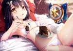  armpits bangs bare_arms bare_shoulders bed black_hair blurry blurry_background blush bra breasts brown_eyes cake chocolate_cake depth_of_field eyebrows_visible_through_hair fate/kaleid_liner_prisma_illya fate_(series) food fork hair_between_eyes hair_ornament holding holding_fork holding_plate indoors jewelry kaleidostick long_hair looking_at_viewer lying magical_sapphire md5_mismatch miyu_edelfelt on_back on_bed panties parted_lips pendant pillow plate small_breasts solo star underwear underwear_only white_bra white_panties yan_(nicknikg) 