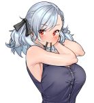  adjusting_hair armpits bangs bare_shoulders black_ribbon blush breasts buttons commentary eyebrows_visible_through_hair girls_frontline hair_ribbon hair_tie large_breasts looking_at_viewer mouth_hold red_eyes ribbon silver_hair simple_background sleeveless solo spas-12_(girls_frontline) two_side_up tying_hair uleuleuleu upper_body weapon white_background 