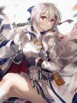  &gt;_&lt; :3 adjusting_clothes adjusting_gloves artist_name bangs black_gloves blue_bow blurry blurry_foreground blush bow breasts buttons character_name closed_mouth commentary cropped_jacket depth_of_field eyebrows_visible_through_hair floating_hair girls_frontline gloves grey_background hair_between_eyes hair_bow hair_ornament hair_ribbon hairclip heart highres iron_cross iws-2000_(girls_frontline) jacket kneehighs kyjsogom long_hair long_sleeves looking_at_viewer military military_uniform pleated_skirt purple_eyes red_eyes ribbon shirt sidelocks signature silver_hair skirt smile socks solo star thighs uniform very_long_hair watermark web_address white_jacket white_legwear white_shirt white_skirt wind wind_lift 