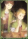  alfyn_(octopath_traveler) blonde_hair brown_hair commentary_request dark highres long_hair mozuku_(mozuuru0323) multiple_boys octopath_traveler open_mouth ponytail short_hair simple_background smile 