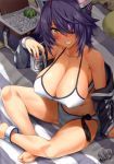  alcohol anklet arm_support bare_shoulders barefoot beach_towel beer beer_can bikini blanket blush bottle breasts cameltoe can cleavage collarbone condensation cooler covered_nipples crossed_legs crushed_can darkmaya day eyepatch food from_above fruit graboid grin halter_top halterneck hand_up headgear holding holding_can huge_breasts ice jewelry kantai_collection long_sleeves looking_at_viewer melon nail_polish off-shoulder_sweater off_shoulder outdoors parted_lips purple_hair red_nails sand shade short_hair sitting smile soda_can solo sweat sweater swimsuit tenryuu_(kantai_collection) towel watermelon white_bikini yellow_eyes 
