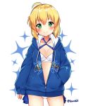  absurdres arm_at_side artoria_pendragon_(all) artoria_pendragon_(swimsuit_archer) bangs bikini bikini_under_clothes blonde_hair blue_eyes blue_jacket blush breasts cleavage closed_mouth clothes_writing collarbone commentary cowboy_shot criss-cross_halter drawstring english english_commentary eyebrows_visible_through_hair fate/grand_order fate_(series) halterneck hand_in_pocket heart heart-shaped_pupils hey_xander highres hood hood_down hooded_jacket jacket long_sleeves looking_at_viewer medium_breasts navel open_clothes open_jacket partially_unzipped shiny shiny_skin short_hair side-tie_bikini sidelocks sleeves_past_wrists smile solo sparkle_background swimsuit symbol-shaped_pupils thighs twitter_username white_bikini zipper_pull_tab 