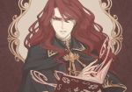  alvis_(fire_emblem) book cloak fire_emblem fire_emblem:_seisen_no_keifu holding holding_book iktk long_hair looking_at_viewer magic red_eyes red_hair solo wavy_hair 