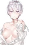  bare_shoulders breasts collarbone commentary_request copyright_request eyebrows_visible_through_hair korean_commentary lavender_eyes looking_at_viewer myo_ne off-shoulder_shirt off_shoulder open_clothes open_shirt purple_eyes shirt short_hair silver_hair simple_background solo white_background 