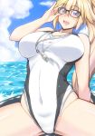  blonde_hair blue_eyes blue_sky breasts cloud competition_swimsuit covered_navel day eyebrows_visible_through_hair fate_(series) glasses highleg highleg_swimsuit jeanne_d'arc_(fate)_(all) jeanne_d'arc_(swimsuit_archer) large_breasts mikagami_sou one-piece_swimsuit open_mouth ponytail sitting sky solo spread_legs swimsuit water whistle whistle_around_neck white_swimsuit 