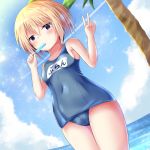  beach blanc blue_eyes blush breasts brown_hair day eating food ice_cream looking_at_viewer mouth_hold neptune_(series) one-piece_swimsuit popsicle ray_726 school_swimsuit short_hair sky solo swimsuit v 