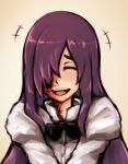  1girl :d artist_request black_neckwear bow bowtie burn_scar closed_eyes facing_viewer hair_over_one_eye highres ikezawa_hanako juliet_sleeves katawa_shoujo long_hair long_sleeves open_mouth puffy_sleeves purple_hair scar shirt simple_background smile solo upper_body white_shirt 