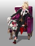  absurdres armchair bangs black_footwear black_suit blonde_hair bouquet braid brown_vest chair chin_rest collared_shirt dress_shirt eyes_visible_through_hair fate/grand_order fate_(series) flower formal french_braid full_body gloves green_eyes grey_background grin hair_ornament hair_scrunchie highres long_sleeves looking_at_viewer mona0101 mordred_(fate) mordred_(fate)_(all) parted_bangs ponytail red_scrunchie rose scrunchie shirt shoes sitting smile solo suit vest white_flower white_gloves white_rose white_shirt 