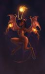  anthro black_hair claws featureless_crotch female feral fire gor1ck hair hooves horn membranous_wings ridged_horn simple_background solo succubus wings 