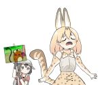  backpack bag black_hair blonde_hair closed_eyes crying dedenne elbow_gloves extra_ears fuyuri_(tibirobo) gloves hat highres kaban_(kemono_friends) kemono_friends photo-referenced pokemon pokemon_(creature) reference_photo_inset serval_(kemono_friends) sign tail tears white_background 