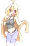  :d ahoge bangs bare_arms bare_shoulders belt belt_buckle black_belt black_tank_top blonde_hair blue_pants blush breasts brown_coat buckle coat commentary_request denim eyebrows_visible_through_hair hair_between_eyes hand_up hono jeans large_breasts long_hair long_sleeves low_ponytail midriff navel official_art open_clothes open_coat open_mouth pants ponytail purple_eyes saki_(suguri) simple_background sleeves_past_wrists smile solo suguri tank_top undressing wavy_mouth white_background 