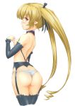  ass bangs bare_shoulders black_legwear blonde_hair blush breasts cropped_legs detached_sleeves drill_hair eyebrows_visible_through_hair garter_straps highres long_hair long_sleeves nipples pachira pointy_ears red_eyes renkin_san-kyuu_magical_pokaan shimamoto_(natsuki) simple_background small_breasts solo thigh_gap thighhighs twintails very_long_hair white_background 