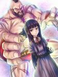 1girl arm_behind_back beard black_hair brown_eyes brown_hair candy chest_hair dress expressionless facial_hair food high_score_girl inaba-no-kuni-tottori lollipop long_hair mohawk muscle oono_akira parted_lips purple_dress red_ribbon ribbon scar standing street_fighter very_long_hair zangief 