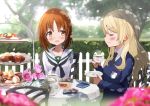  2girls alternate_hairstyle bangs black_neckwear blonde_hair blouse blue_sweater blurry blurry_background blurry_foreground blush brown_eyes brown_hair chair commentary_request cookie cup dappled_sunlight darjeeling day depth_of_field dress_shirt emblem eyebrows_visible_through_hair eyes_closed flower food fuku_kitsune_(fuku_fox) girls_und_panzer hair_down hedge_(plant) holding holding_cup holding_saucer long_hair long_sleeves looking_at_another macaron multiple_girls neckerchief necktie nishizumi_miho ooarai_school_uniform outdoors pink_flower pink_rose rose saucer school_uniform serafuku shadow shirt short_hair sitting st._gloriana&#039;s_(emblem) sunlight sweater tea_party tea_set teacup teapot tiered_tray tree v-neck white_blouse white_shirt wind 