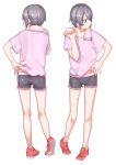  after_shower boyshorts closed_mouth commentary eyebrows_visible_through_hair facing_away from_behind grey_eyes grey_hair hand_on_hip hand_up highres idolmaster idolmaster_cinderella_girls muchi_maro multiple_views otokura_yuuki pink_shirt red_legwear shirt shoes short_sleeves simple_background smile standing towel towel_around_neck white_background 