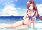  artist_name bare_legs bikini bird blue_eyes bracelet braid breasts character_name cleavage cloud cloudy_sky collarbone day eiyuu_densetsu emma_millstein english flower hair_flower hair_ornament hand_on_own_chest highres jewelry long_hair looking_at_viewer lying medium_breasts navel ocean on_side partially_submerged polka_dot polka_dot_bikini purple_hair saber-freedom sen_no_kiseki sky smile solo swimsuit 