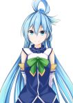  aqua_(konosuba) arms_behind_back blue_eyes blue_hair blue_shirt blue_skirt bow bowtie cosmicsnic detached_sleeves eyebrows_visible_through_hair green_bow hair_between_eyes hair_ornament highres kono_subarashii_sekai_ni_shukufuku_wo! long_hair looking_at_viewer shiny shiny_hair shirt simple_background skirt sleeveless sleeveless_shirt smile solo standing tied_hair very_long_hair white_background 