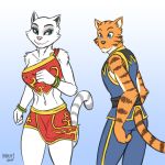  blue_eyes feline female fur green_eyes heresy_(artist) jogging kay_(legend_of_kay) legend_of_kay male mammal midriff orange_fur su_ling white_fur 