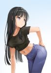  bangs black_hair blue_background breasts casual collarbone contemporary denim eyebrows_visible_through_hair gradient gradient_background hair_between_eyes hand_on_hip head_tilt highres jeans leaning_forward long_hair looking_away looking_back murata_taichi navel original outstretched_arm pants purple_eyes shirt short_sleeves simple_background solo standing stomach straight_hair t-shirt 